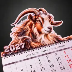 Квартальный календарь на 2027 год с фигурной головой козла над сеткой