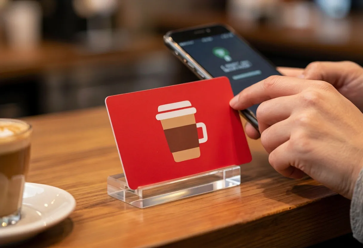 Посетитель кафе подносит телефон к NFC-карте на стойке