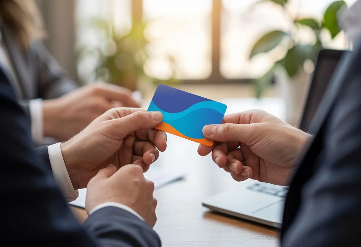 Деловая встреча: вручение пластиковой NFC-визитки