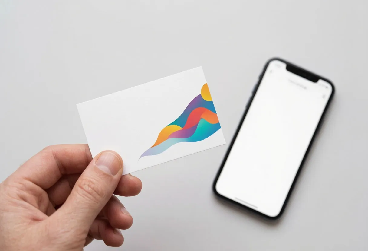 Пластиковая NFC-визитка в руке рядом со смартфоном